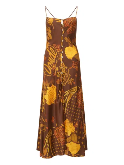 Donde Esteban Veranera Floral Button Slip Midi Dress In Brown