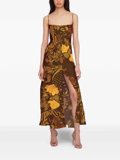 Donde Esteban Veranera Floral Button Slip Midi Dress In Brown