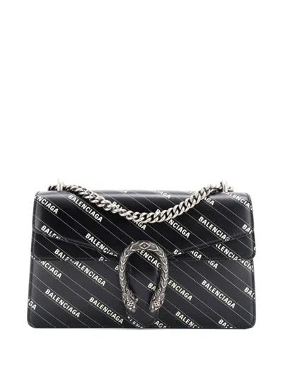 Pre-owned Gucci X Balenciaga The Hacker Project Dionysus Bag Logo Printed Leather Small Crossbody Bag In Black