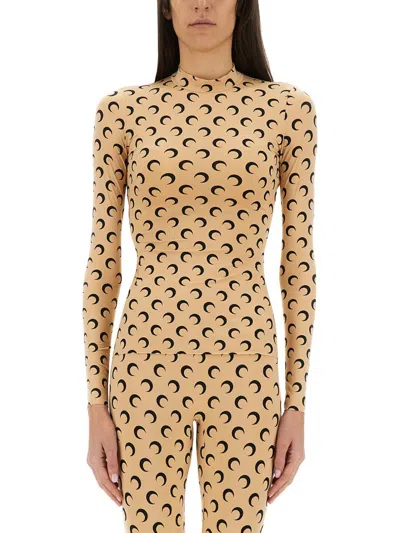 Marine Serre Moon Printed Jersey Long Sleeve Crewneck Top In Nude