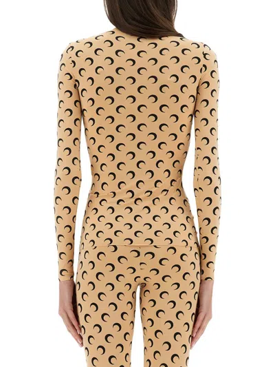 Marine Serre Moon Printed Jersey Long Sleeve Crewneck Top In Nude