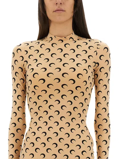 Marine Serre Moon Printed Jersey Long Sleeve Crewneck Top In Nude