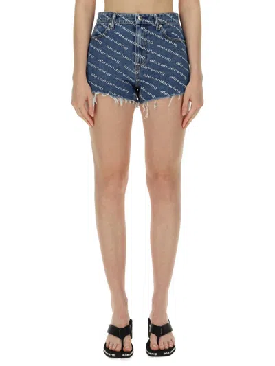 Alexander Wang All-over Logo Printed Denim Shorts In Multi