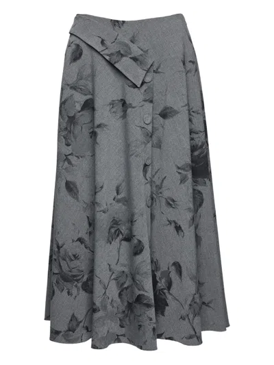 Nissa Button Floral Midi Skirt In Gray