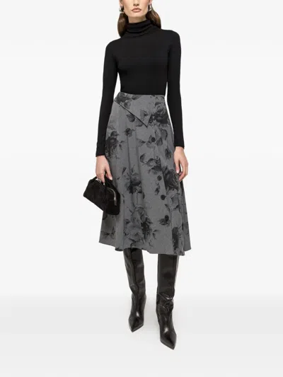 Nissa Button Floral Midi Skirt In Gray