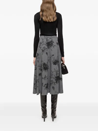 Nissa Button Floral Midi Skirt In Gray