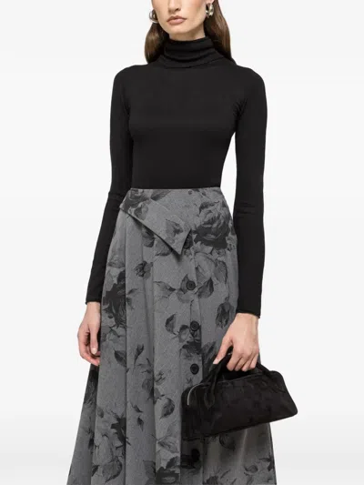Nissa Button Floral Midi Skirt In Gray