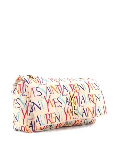 Pre-owned Saint Laurent Jamie Flap Bag Quilted Printed Silk Medium Shoulder Bag In Neutral