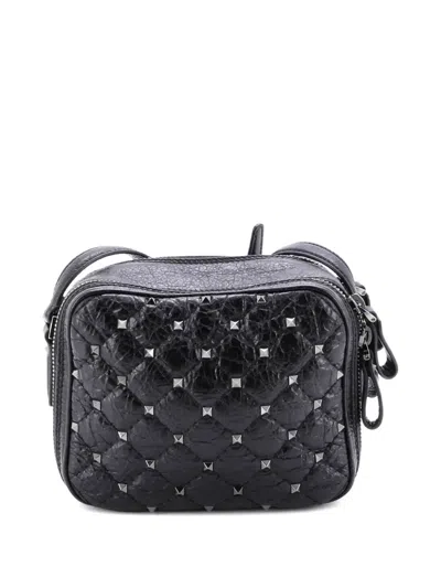 Pre-owned Valentino Garavani Rockstud Double Zip Camera Bag Quilted Crackled Leather Crossbody Bag In Black