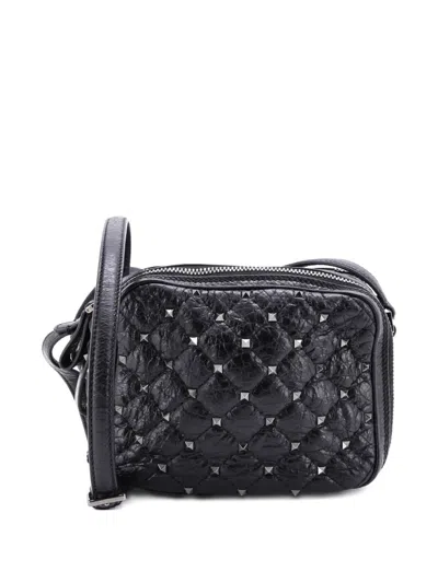 Pre-owned Valentino Garavani Rockstud Double Zip Camera Bag Quilted Crackled Leather Crossbody Bag In Black