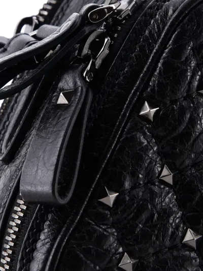 Pre-owned Valentino Garavani Rockstud Double Zip Camera Bag Quilted Crackled Leather Crossbody Bag In Black