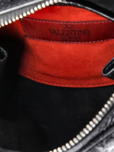 Pre-owned Valentino Garavani Rockstud Double Zip Camera Bag Quilted Crackled Leather Crossbody Bag In Black