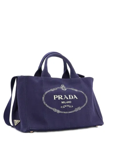 Pre-owned Prada Canapa Convertible Canvas Medium Tote Bag In Blue