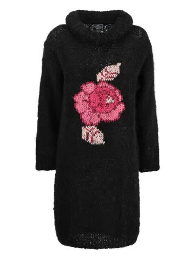 Pre-owned Vintage High-collar Embroidered Sweater In Black