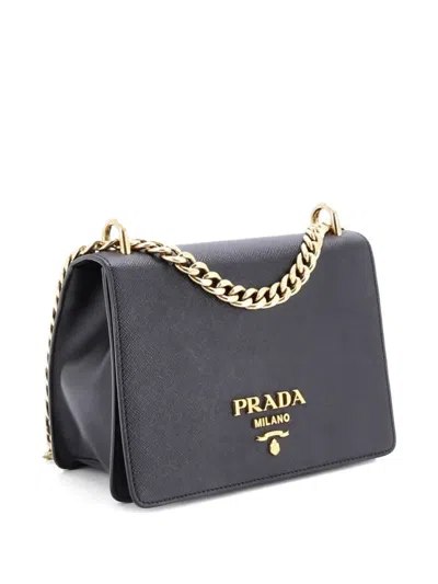 Pre-owned Prada Chain Flap Bag Saffiano Leather Small Crossbody Bag In Black