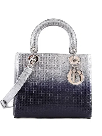 Pre-owned Dior Lady  Bag Micro Cannage Ombre Metallic Calfskin Medium Satchel In Blue