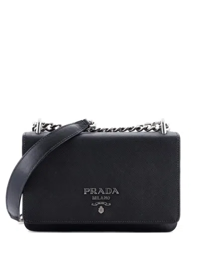 Pre-owned Prada Chain Flap Crossbody Bag Tessuto And Saffiano Leather Medium Shoulder Bag In Black