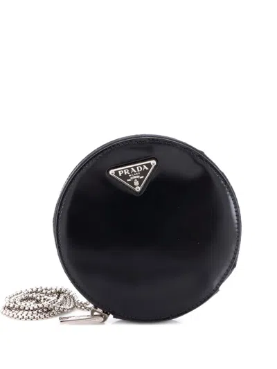 Pre-owned Prada Round Pouch Bag With Chain Brushed Leather Mini Crossbody Bag In Black