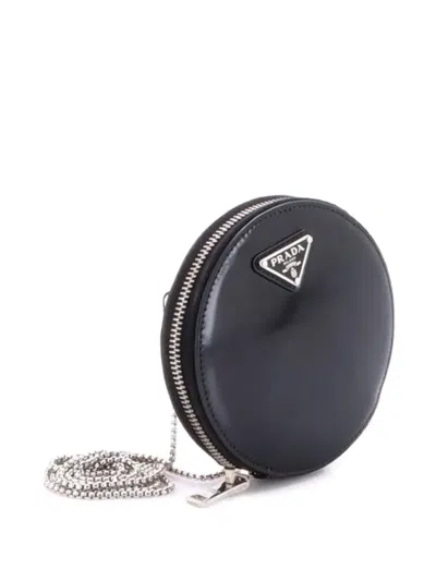 Pre-owned Prada Round Pouch Bag With Chain Brushed Leather Mini Crossbody Bag In Black