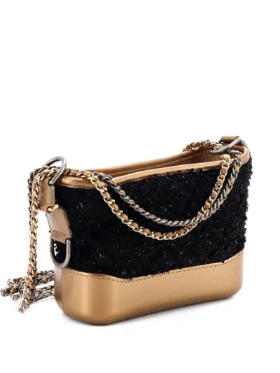Pre-owned Chanel Gabrielle Quilted Tweed And Calfskin Small Hobo Bag In Black