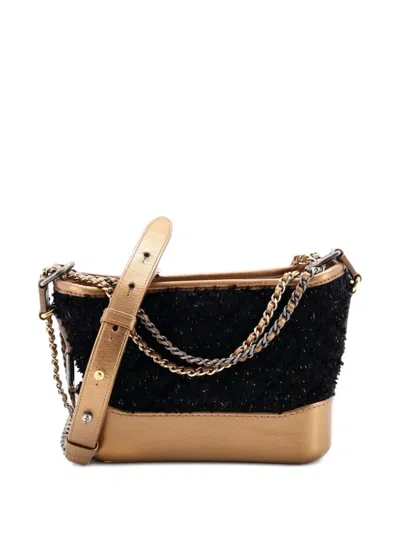 Pre-owned Chanel Gabrielle Quilted Tweed And Calfskin Small Hobo Bag In Black