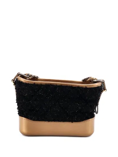 Pre-owned Chanel Gabrielle Quilted Tweed And Calfskin Small Hobo Bag In Black