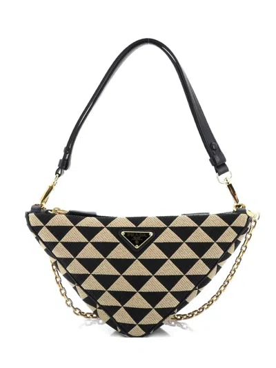 Pre-owned Prada Double Symbole Triangle Bag Leather And Jacquard Mini Shoulder Bag In Black