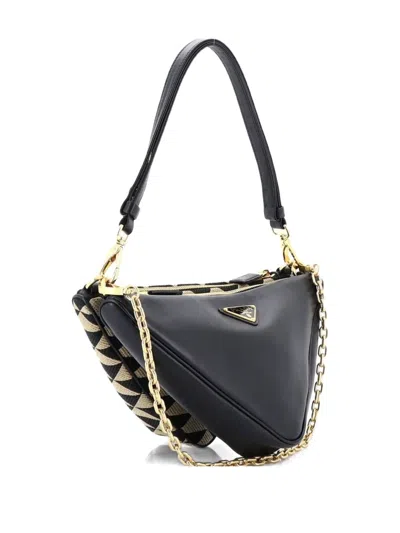 Pre-owned Prada Double Symbole Triangle Bag Leather And Jacquard Mini Shoulder Bag In Black