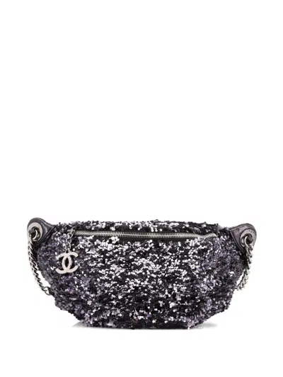Pre-owned Chanel Cc Charm Zip Waist Bag Sequins And Quilted Lambskin Belt Bag In Black