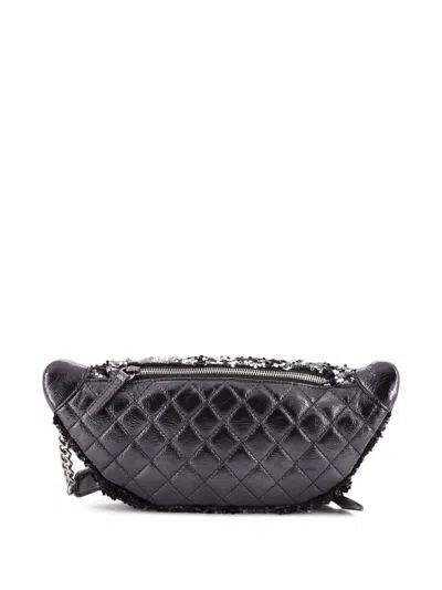 Pre-owned Chanel Cc Charm Zip Waist Bag Sequins And Quilted Lambskin Belt Bag In Black