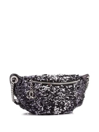 Pre-owned Chanel Cc Charm Zip Waist Bag Sequins And Quilted Lambskin Belt Bag In Black