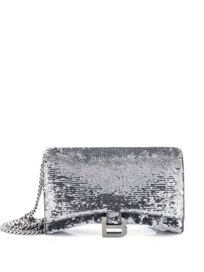 Pre-owned Balenciaga Hourglass Chain Wallet Leather With Sequins Crossbody Bag In Silver