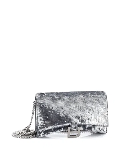Pre-owned Balenciaga Hourglass Chain Wallet Leather With Sequins Crossbody Bag In Silver