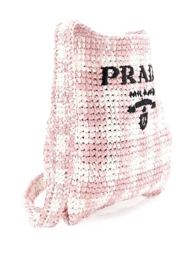 Pre-owned Prada Logo Messenger Bag Printed Raffia Small Crossbody Bag In Pink