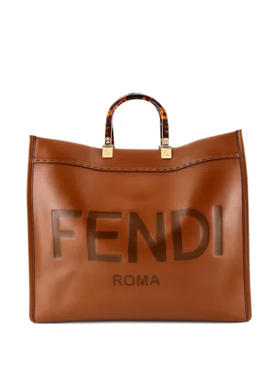 Pre-owned Fendi Sunshine Shopper Leather Large Tote Bag In Brown