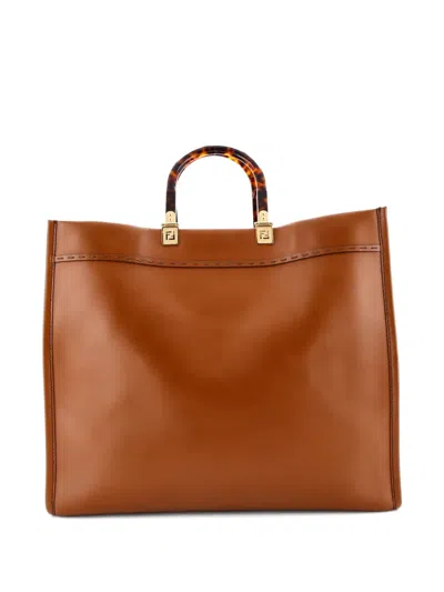 Pre-owned Fendi Sunshine Shopper Leather Large Tote Bag In Brown