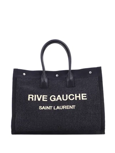 Pre-owned Saint Laurent Rive Gauche Shopper Raffia With Canvas Large Tote Bag In Black