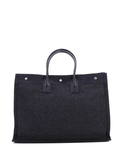 Pre-owned Saint Laurent Rive Gauche Shopper Raffia With Canvas Large Tote Bag In Black