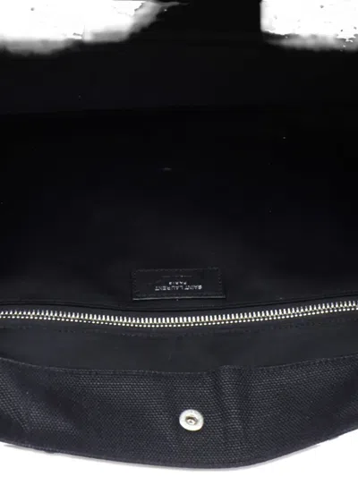 Pre-owned Saint Laurent Rive Gauche Shopper Raffia With Canvas Large Tote Bag In Black