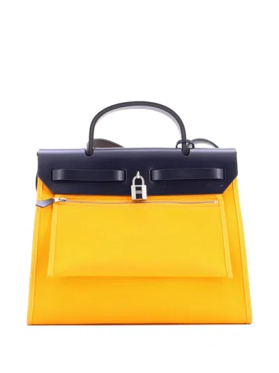 Pre-owned Hermes Herbag Zip Leather And Toile 31 Shoulder Bag In Blue