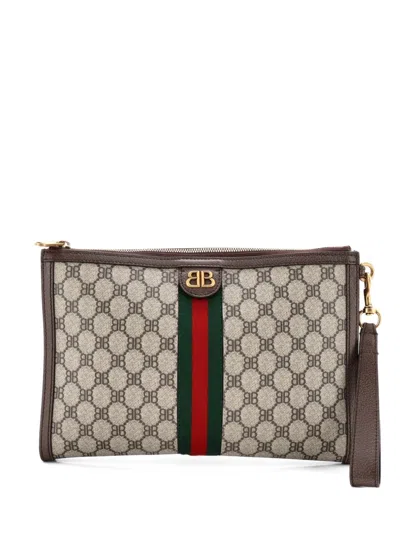 Pre-owned Balenciaga X Gucci The Hacker Project Web Wristlet Bb Coated Canvas Clutch Bag In Brown