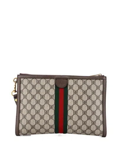 Pre-owned Balenciaga X Gucci The Hacker Project Web Wristlet Bb Coated Canvas Clutch Bag In Brown