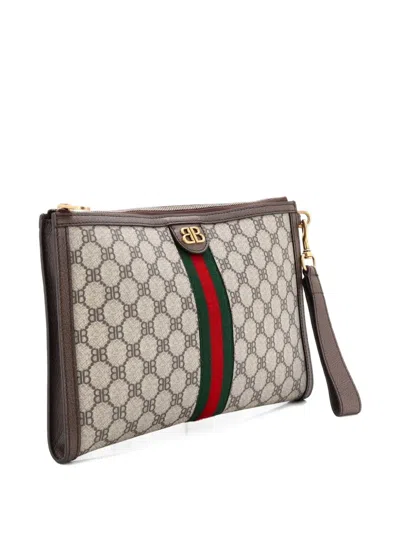 Pre-owned Balenciaga X Gucci The Hacker Project Web Wristlet Bb Coated Canvas Clutch Bag In Brown