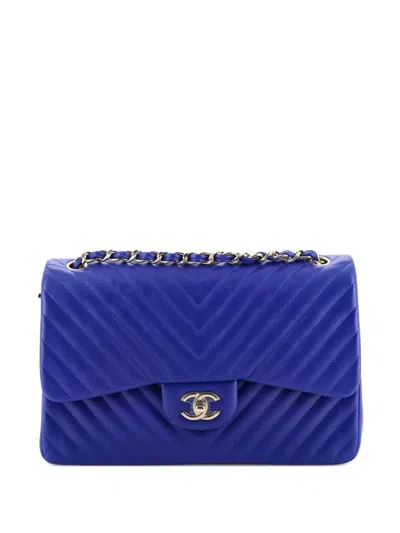 Pre-owned Chanel Classic Double Flap Bag Chevron Lambskin Jumbo Shoulder Bag In Blue