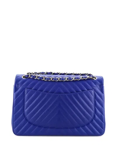 Pre-owned Chanel Classic Double Flap Bag Chevron Lambskin Jumbo Shoulder Bag In Blue