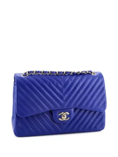 Pre-owned Chanel Classic Double Flap Bag Chevron Lambskin Jumbo Shoulder Bag In Blue