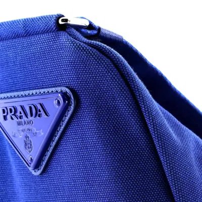 Pre-owned Prada Triangle Logo Zip Crossbody Bag Embossed Canvas Large Shoulder Bag In Blue