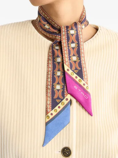 Etro Paisleyina Animal-pattern Geometric-motif Silk Scarf In Brown
