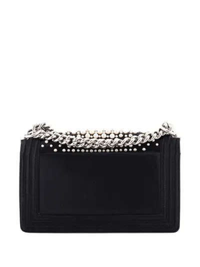 Pre-owned Chanel Boy Flap Bag Pearl Embellished Satin Old Medium Shoulder Bag In Black
