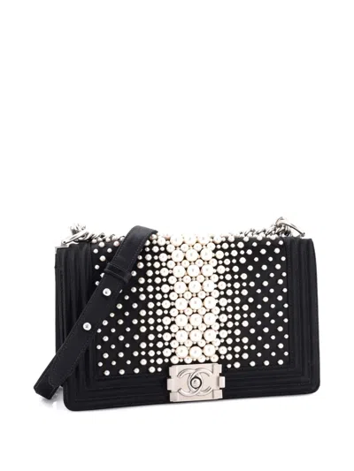 Pre-owned Chanel Boy Flap Bag Pearl Embellished Satin Old Medium Shoulder Bag In Black